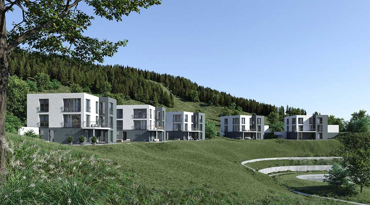 3D Exterior Visualization of the private complex of one-family houses in Germany presented in daylight. Image 01
