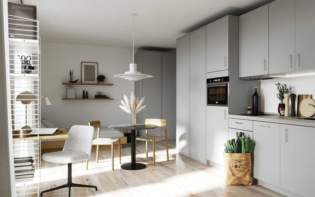 3D Product and Interior Visualization of the grey Kitchen in new building apartment in Frankfurt, Germany.