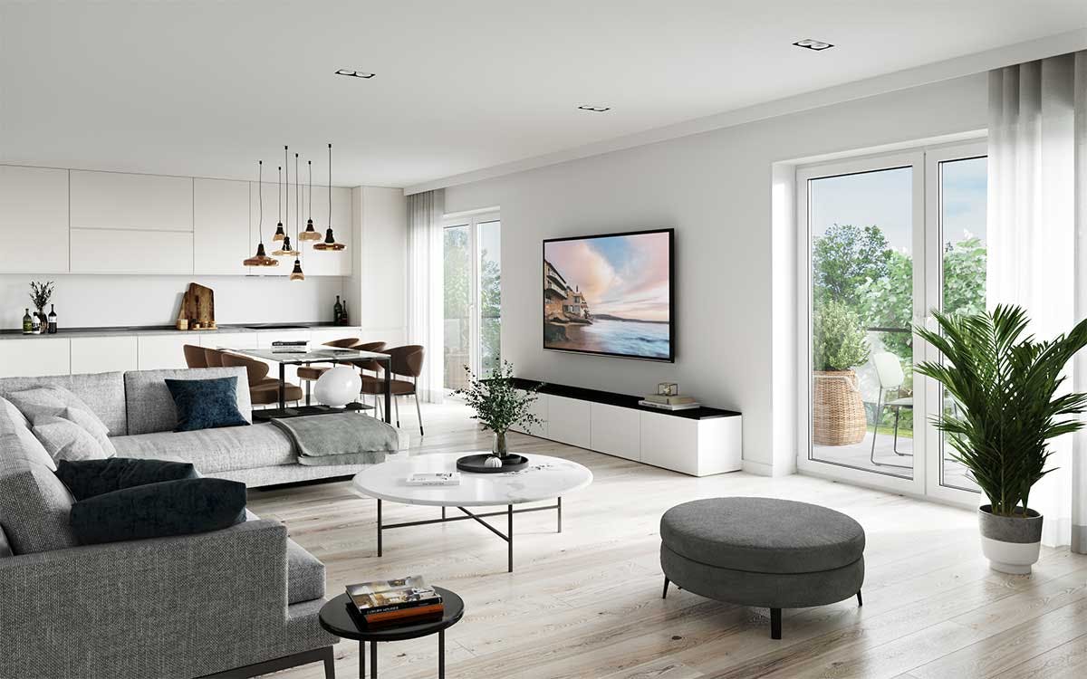 3D interior Visualization with the interior design concept of a living room with a dinnnig space and kitchen in a new townhhaus building with balcony in Munich, Germany.