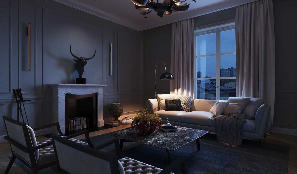 3D interior Visualization with the interior design concept of a living room with a chimney in the top floor penthause in a old building in Berlin, Germany in a twilight.
