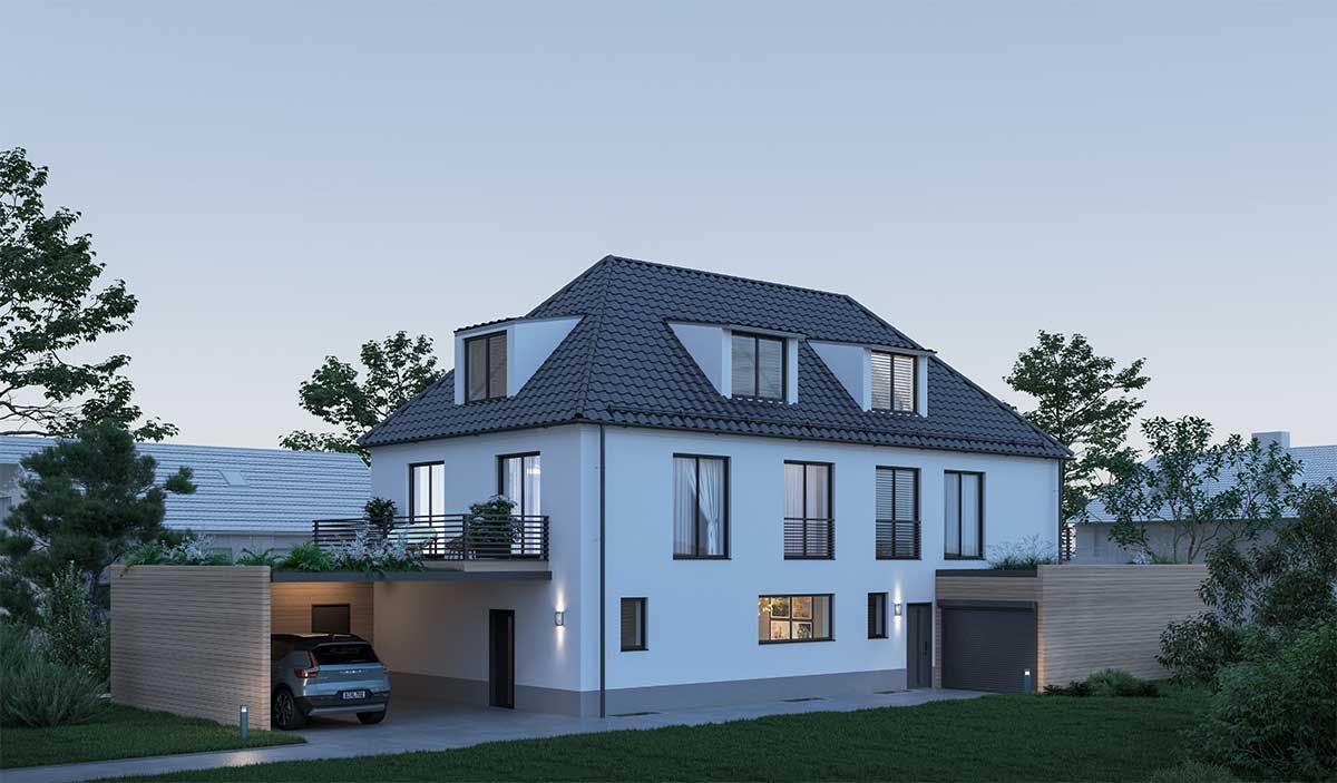 3D Exterior Visualization of the townhouse with the parking in Munich in the twilight.