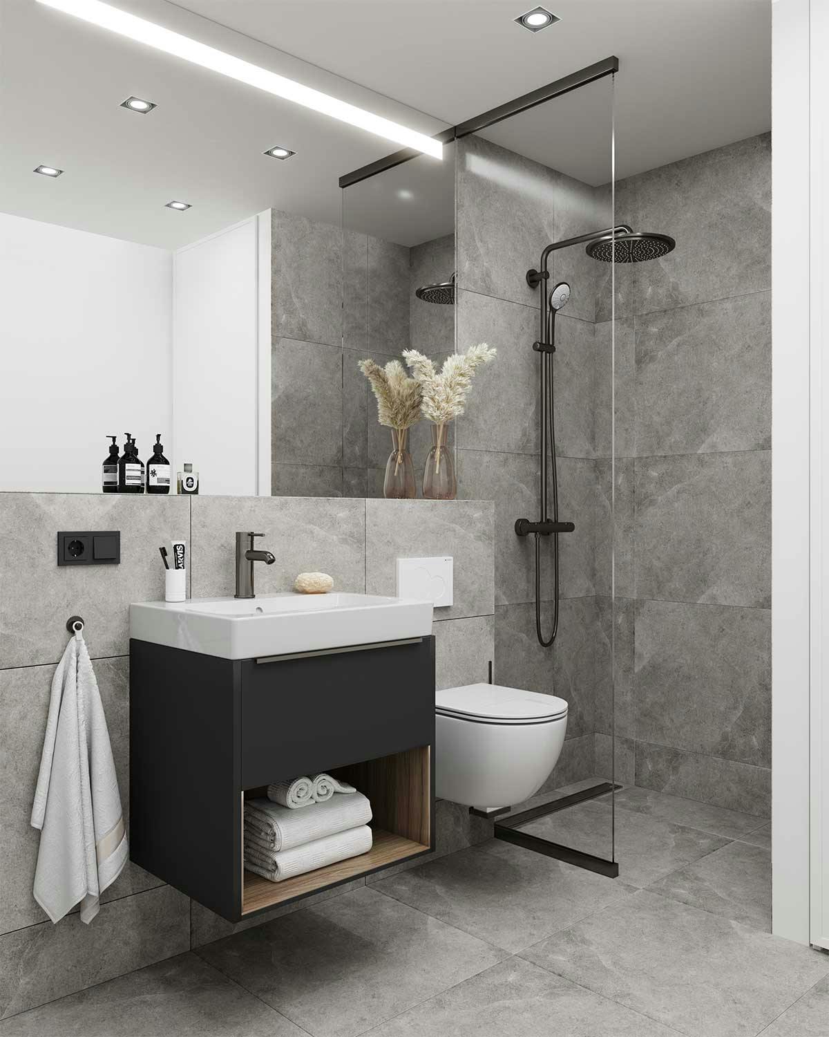 3D Interior Visualization with the interior design of a bathroom of the real estate in Hamburg.