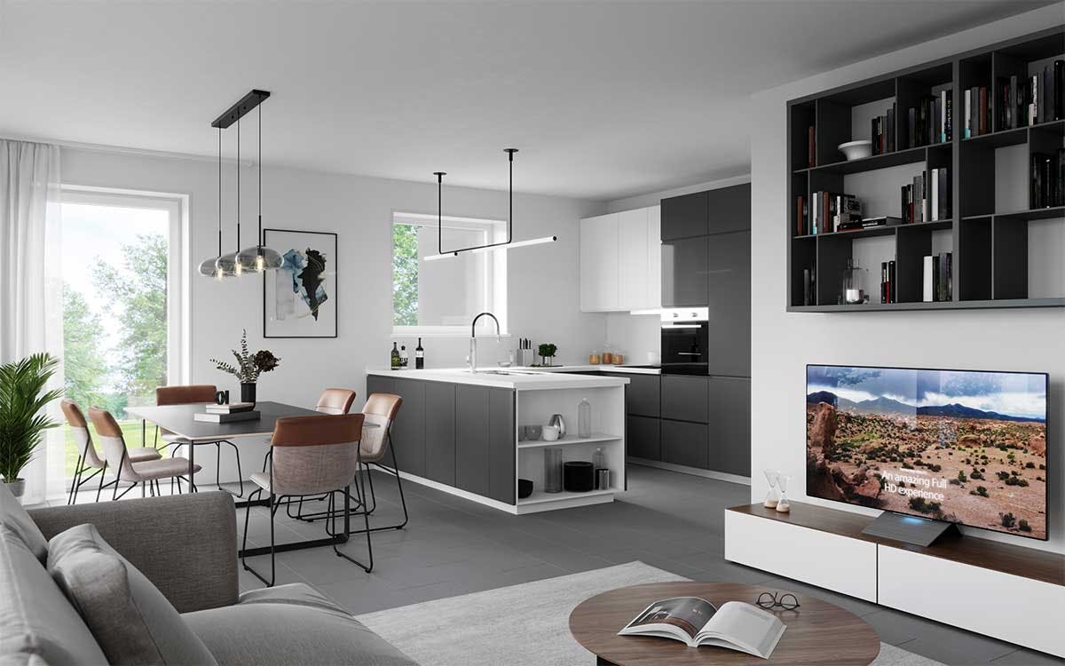 3D real estate interior Visualization with the interior design concept of a living room with a dinig space and kitchen in the apartment in a new building in Dortmund, Germany.