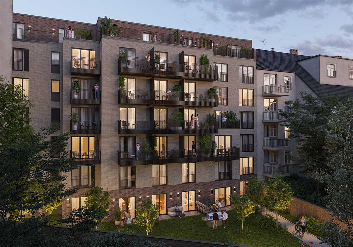 3D Real estate Visualization of the back view of new building with small apartments in Hamburg in twilight.
