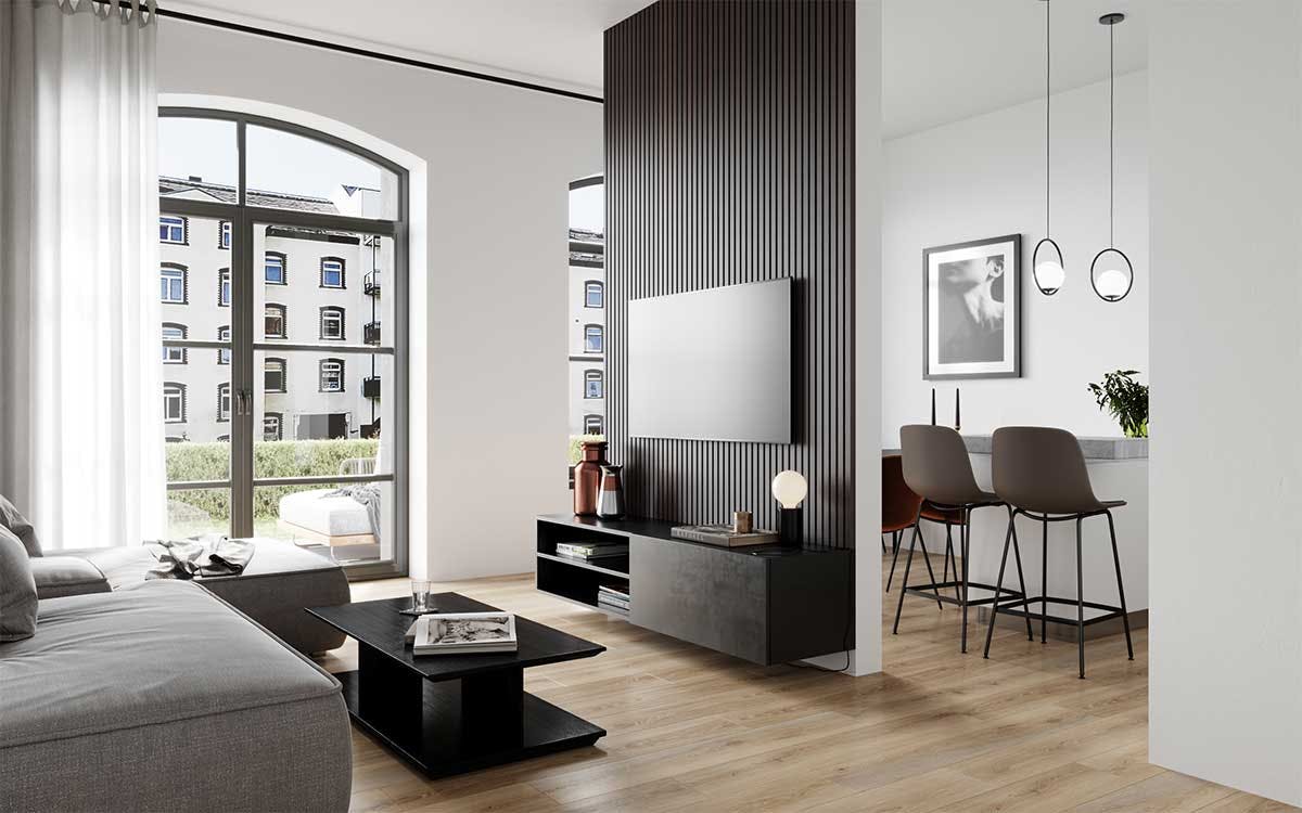 3D real estate Interior Visualization with the interior design of a kitchen and living room in renovated old building apartment with a terrace in Germany.
