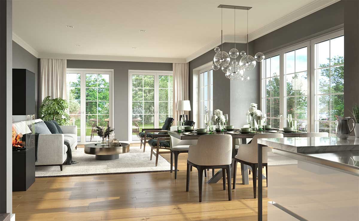 3D Visualization of the dining room and living room in a two family real estate house in Haar