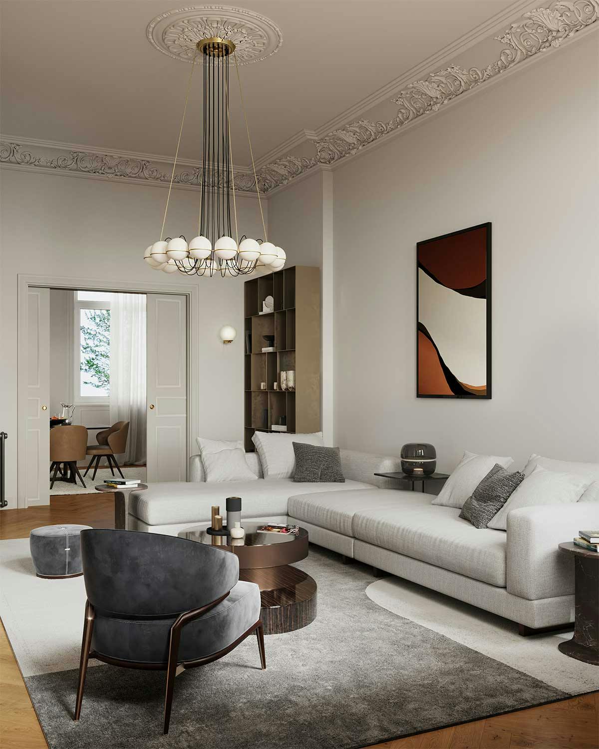 3D Interior Visualization with the design concept of a living room with a dining room in a historic apartment in Hamburg.