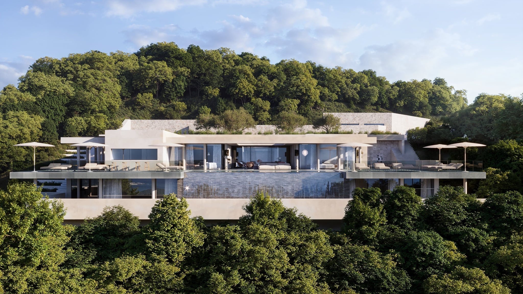 3D Außen Rendering der Renovierung der Luxus-Designervilla CanKoi auf der Insel Ibiza, Spanien