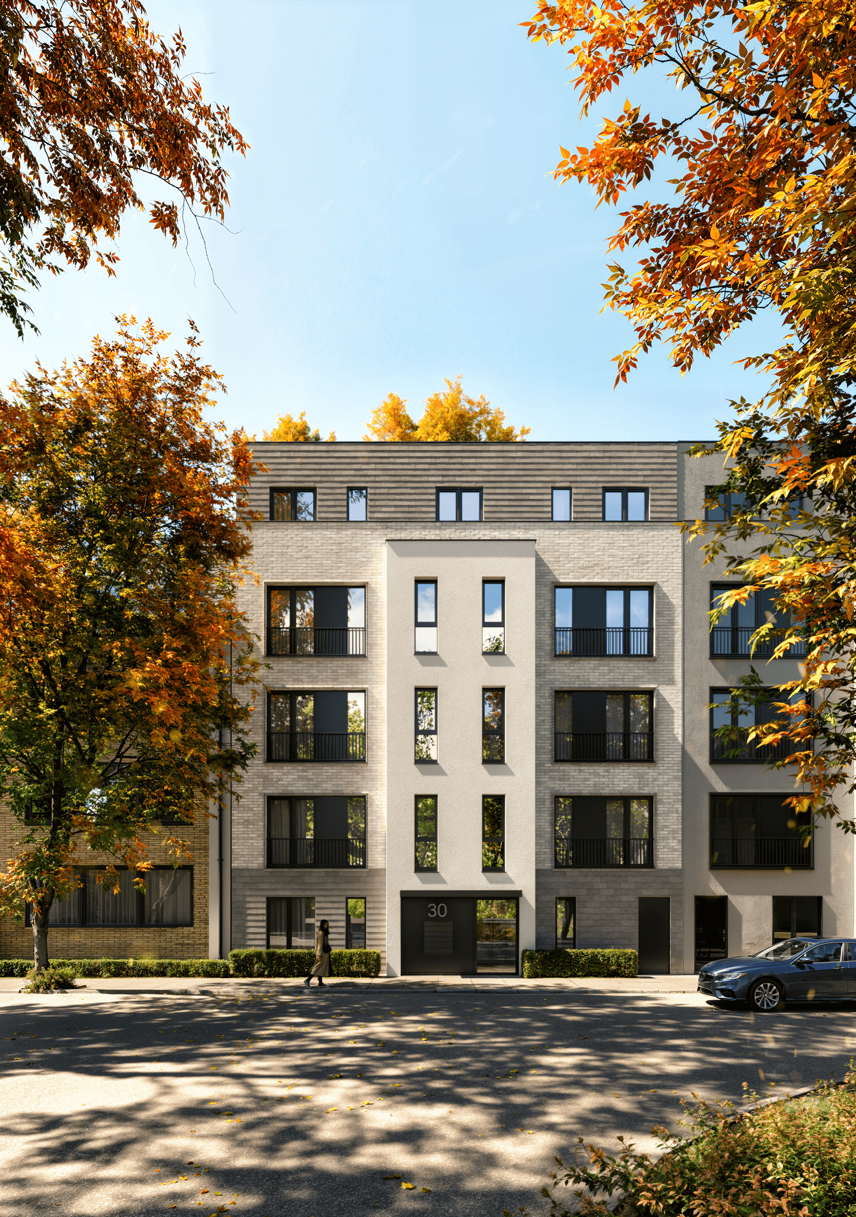 Contemporary residential building in Hamburg's Eimsbüttel district, showcasing sleek modern architecture framed by vibrant autumn trees. Contemporary residential building in Hamburg's Eimsbüttel district, showcasing sleek modern architecture framed by vibrant autumn trees.