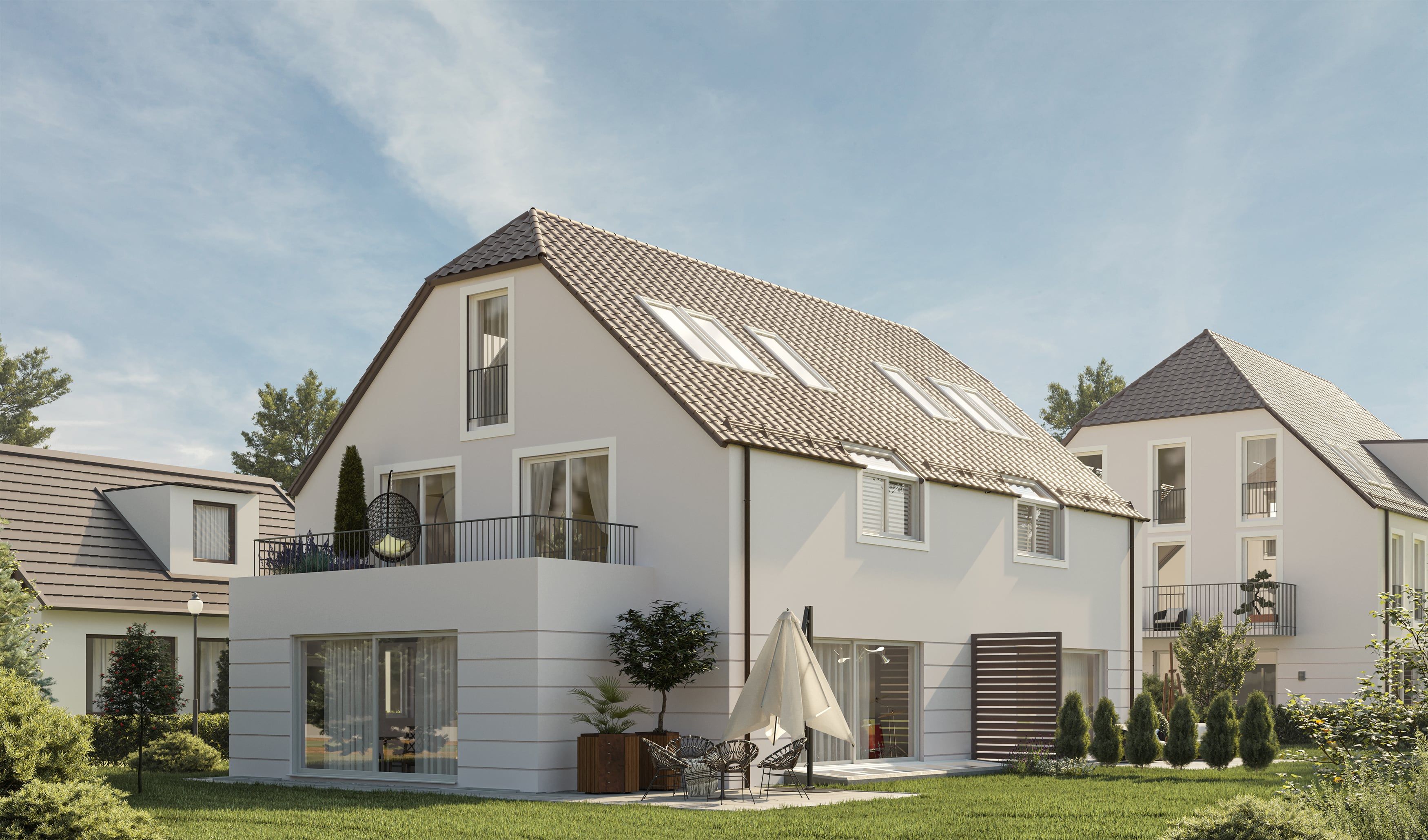 3D Exterior Visualization of group of multi family houses with terraces in Munich region, Germany 3D Exterior Visualization of group of multi family houses with terraces in Munich region, Germany