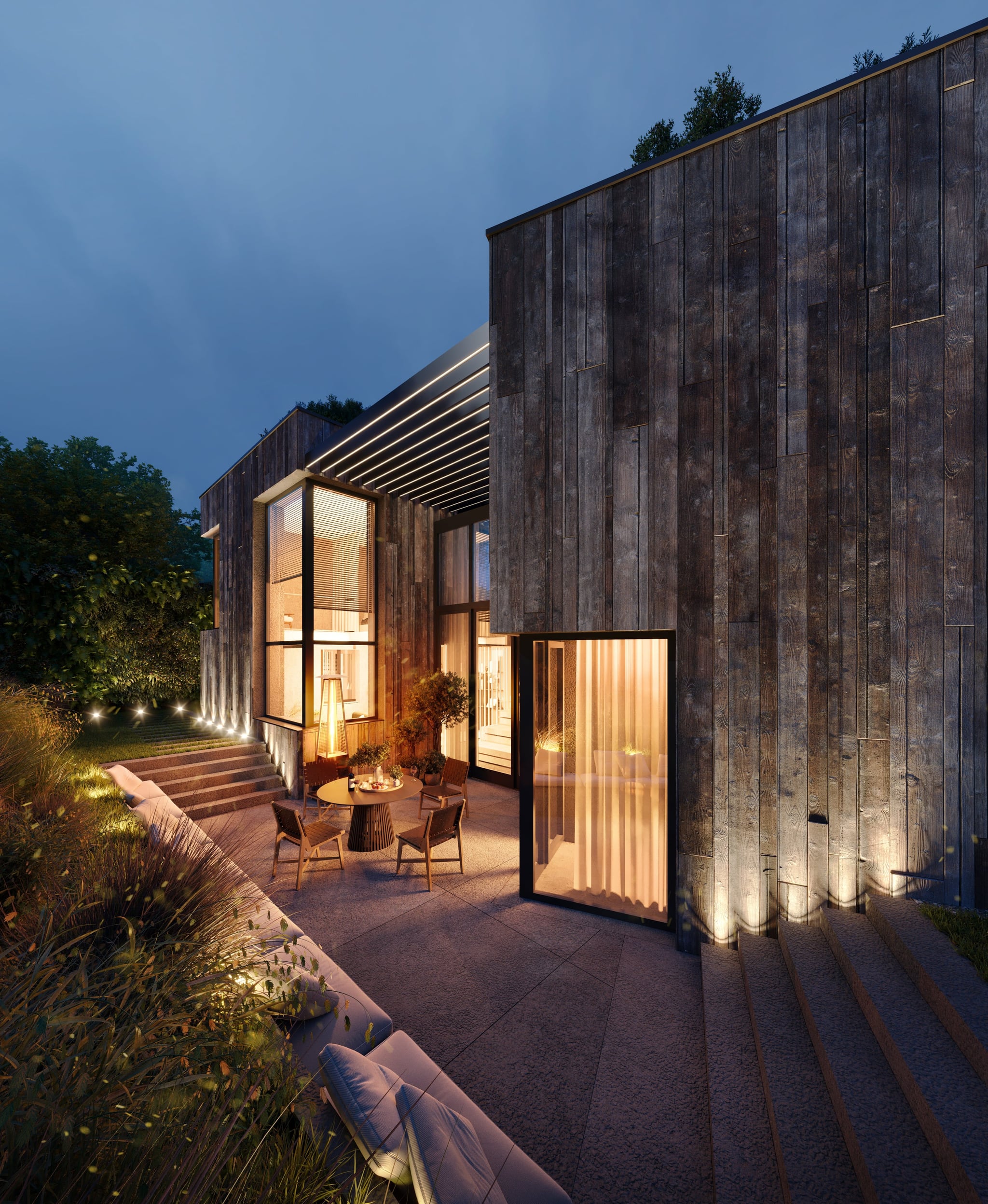 3D Architektur Außenvisualisierung des Einfamilienhauses mit Terrasse im Grünen in Berlin Deutschland