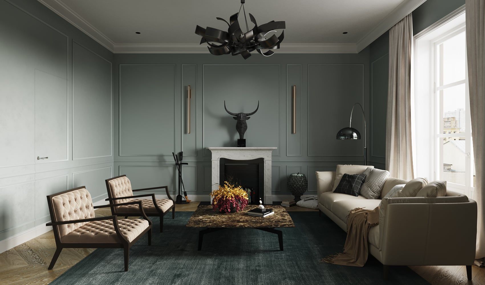 3D Architectural visualization of the living room with the chimney in the apartment in the historical quarter in Hamburg Germany 3D Architectural visualization of the living room with the chimney in the apartment in the historical quarter in Hamburg Germany