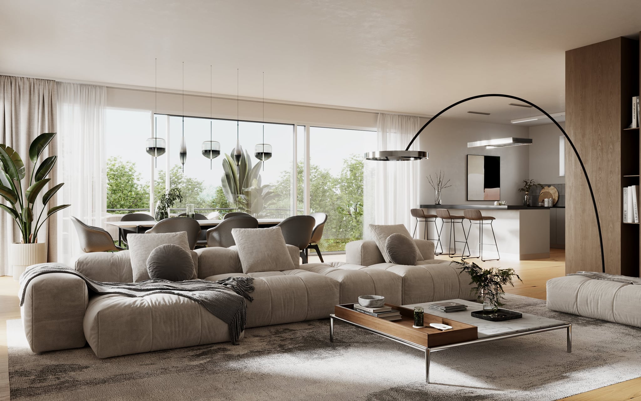 3D Interior Visualization of living room with dining space, kitchen and balcony with the view to the garden in the penthouse in new building in Othmarscher Kirchenweg Hamburg, Germany 3D Interior Visualization of living room with dining space, kitchen and balcony with the view to the garden in the penthouse in new building in Othmarscher Kirchenweg Hamburg, Germany