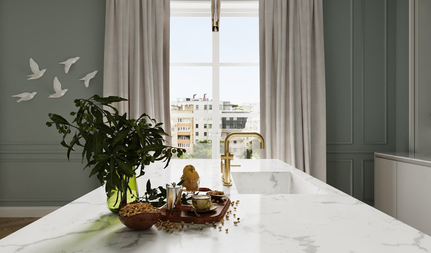 3D Architectural Visualization of the kitchen with the kitchen island in the historical quarter in Hamburg Germany 3D Architectural Visualization of the kitchen with the kitchen island in the historical quarter in Hamburg Germany