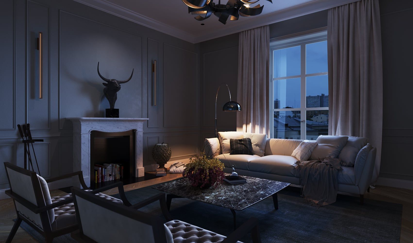 3D Interior visualization of the living room with the chimney in the luxurious apartment in the historical quarter in Hamburg Germany 3D Interior visualization of the living room with the chimney in the luxurious apartment in the historical quarter in Hamburg Germany