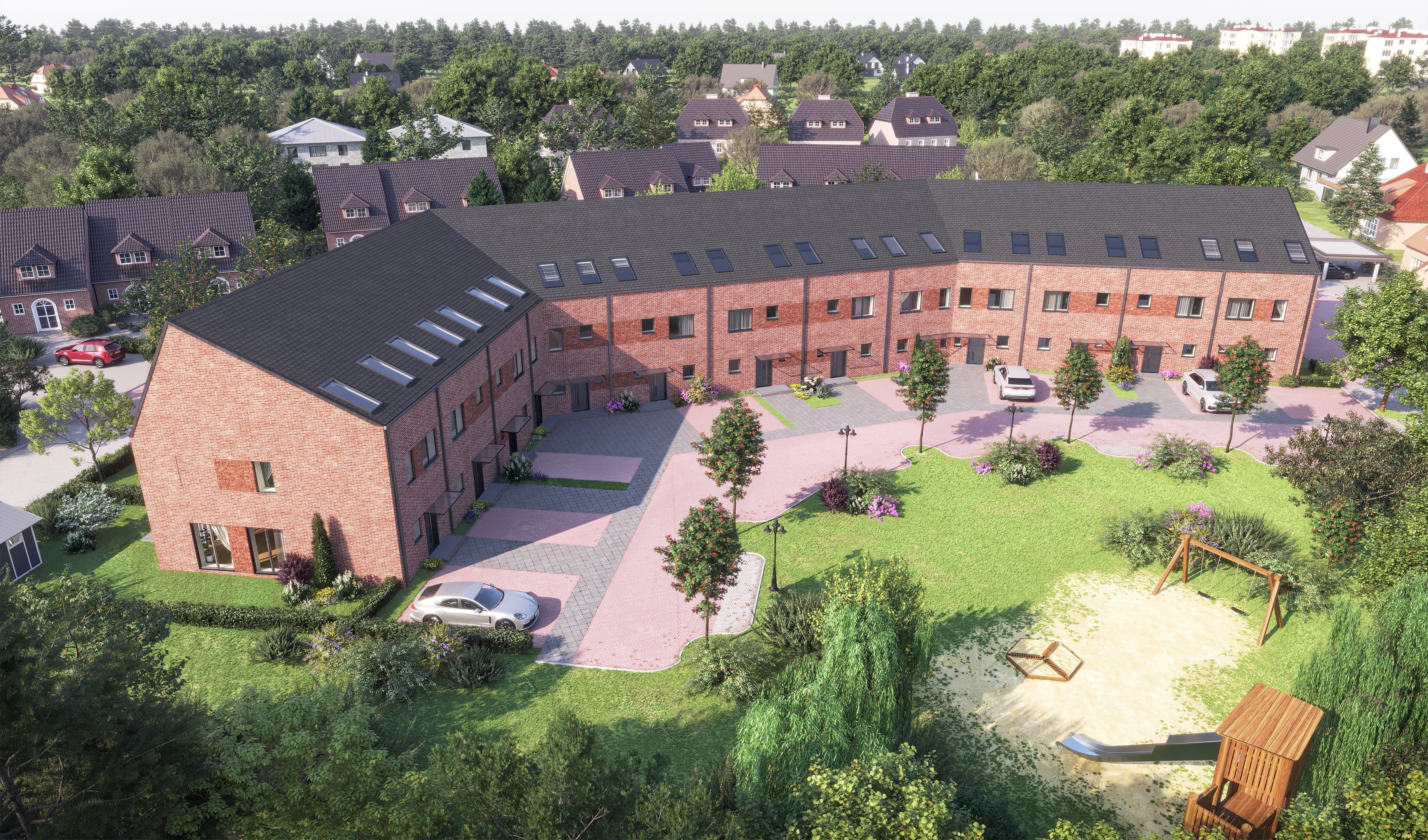 3D Exterior Visualization if the townhouses with a parking spaces and a park with kids playground in Norderstedt Germany  3D Exterior Visualization if the townhouses with a parking spaces and a park with kids playground in Norderstedt Germany