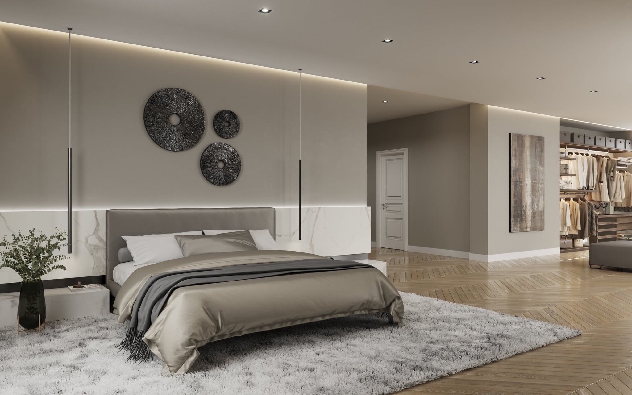 3D Visualization of master bedroom with walk in closet in renovated old built villa in Berlin Wannsee, Germany 3D Visualization of master bedroom with walk in closet in renovated old built villa in Berlin Wannsee, Germany