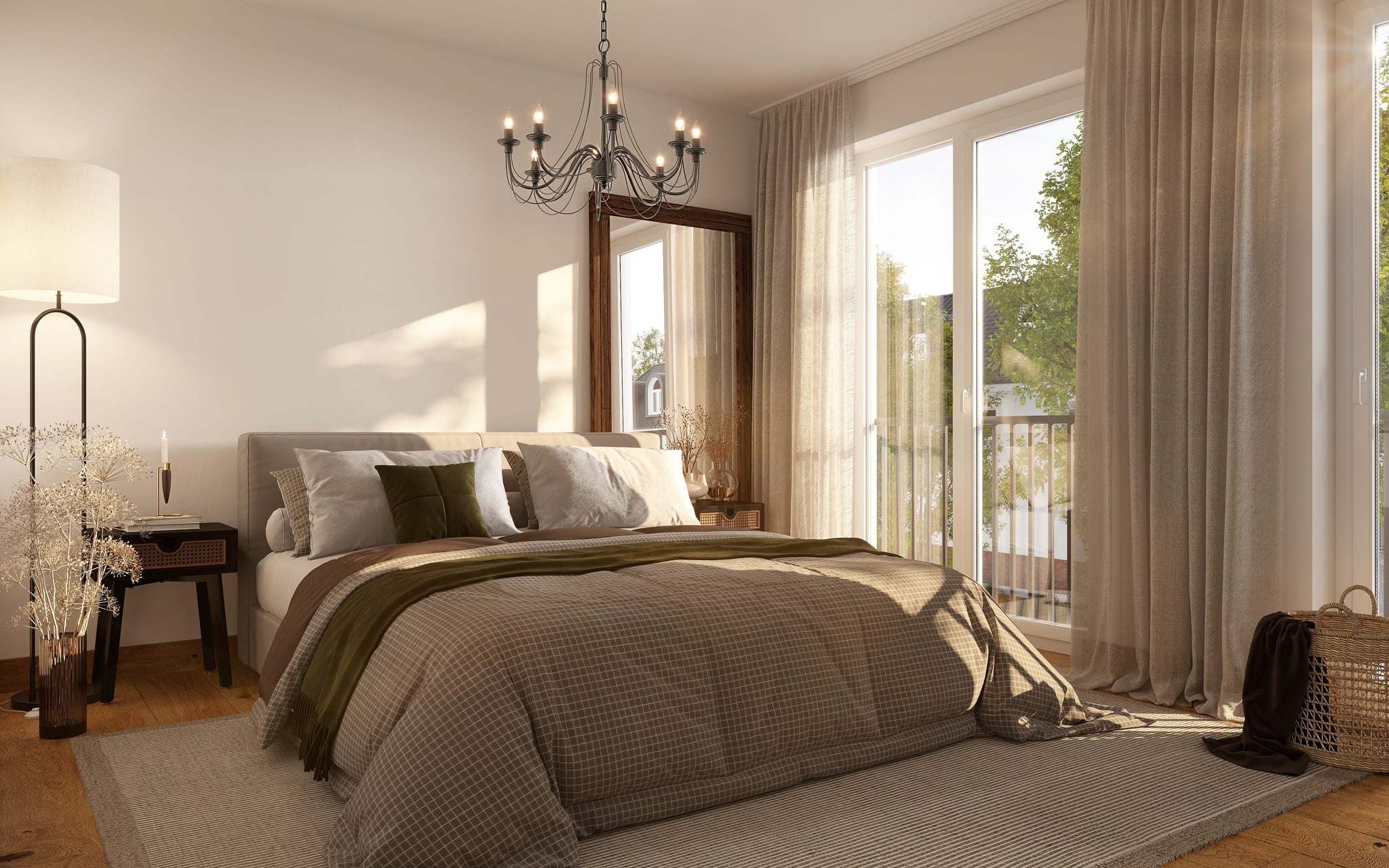 Cozy bedroom with stylish decor, soft lighting, and large windows that allow a peaceful view of the outdoor environment. Cozy bedroom with stylish decor, soft lighting, and large windows that allow a peaceful view of the outdoor environment.