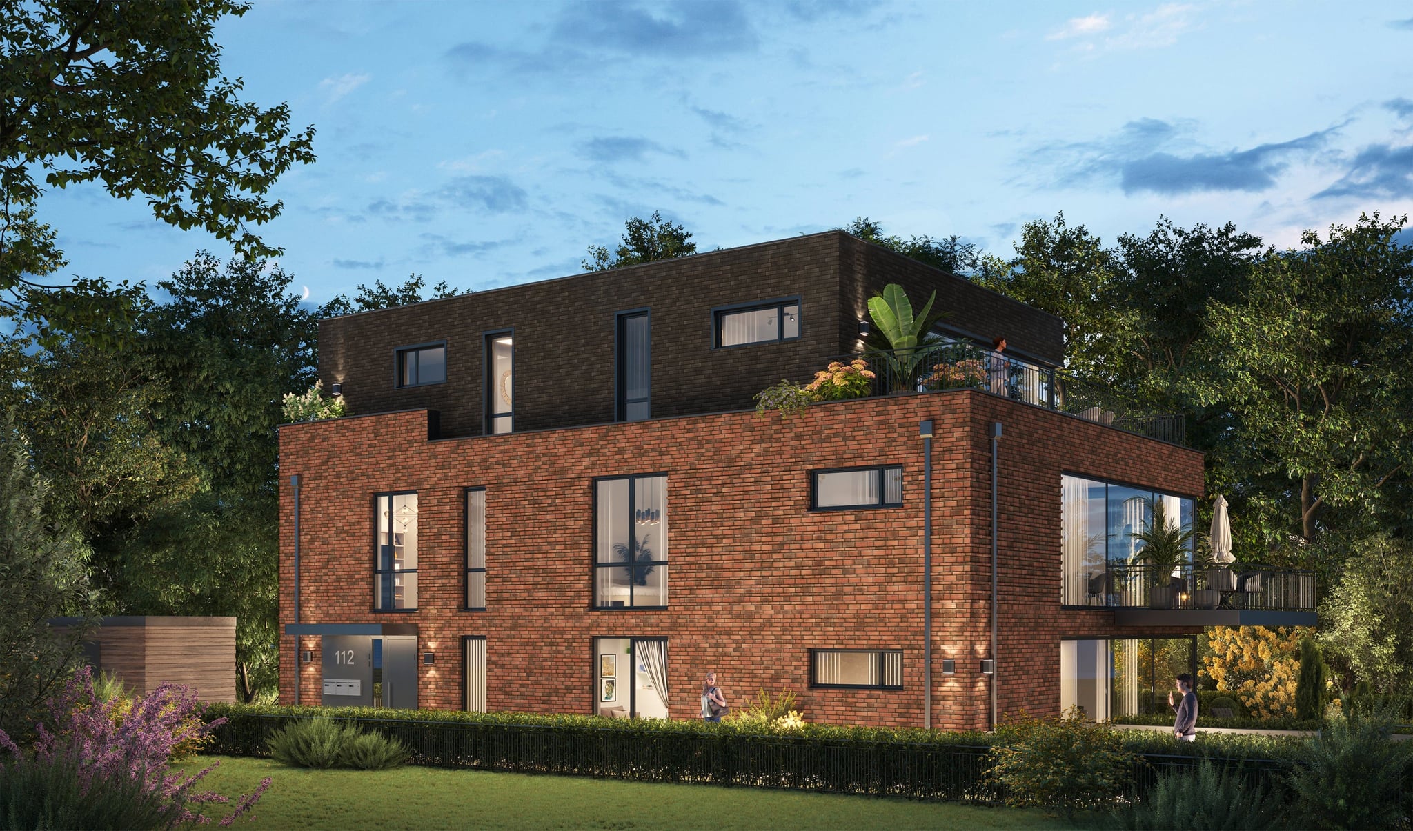 3D Architectural visualization of night view of new house with balcony and terrace in Othmarscher Kirchenweg Hamburg, Germany 3D Architectural visualization of night view of new house with balcony and terrace in Othmarscher Kirchenweg Hamburg, Germany
