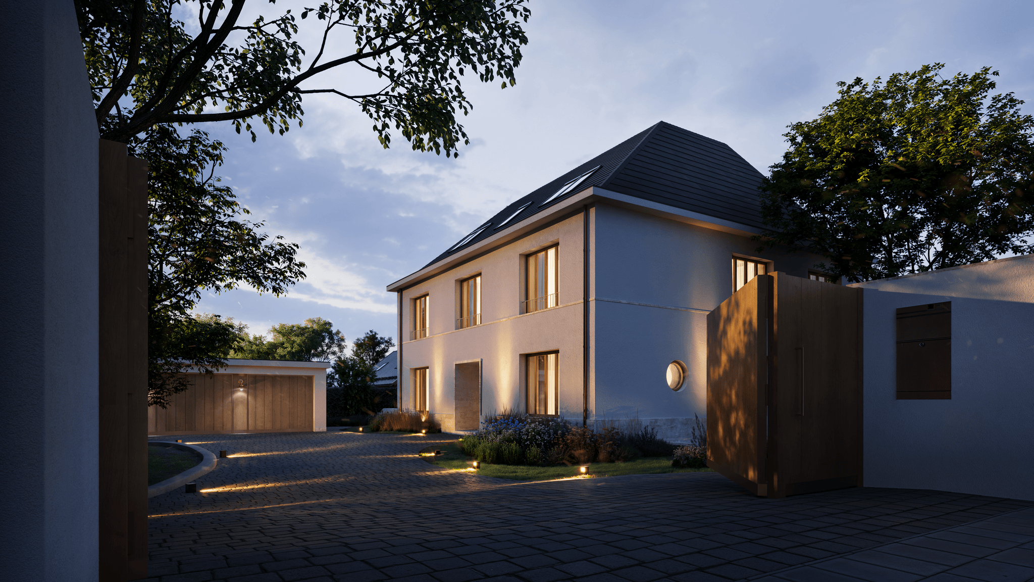 3D Architektur Visualisierung einer privaten Villa mit Pool und Garten in Düsseldorf, Deutschland