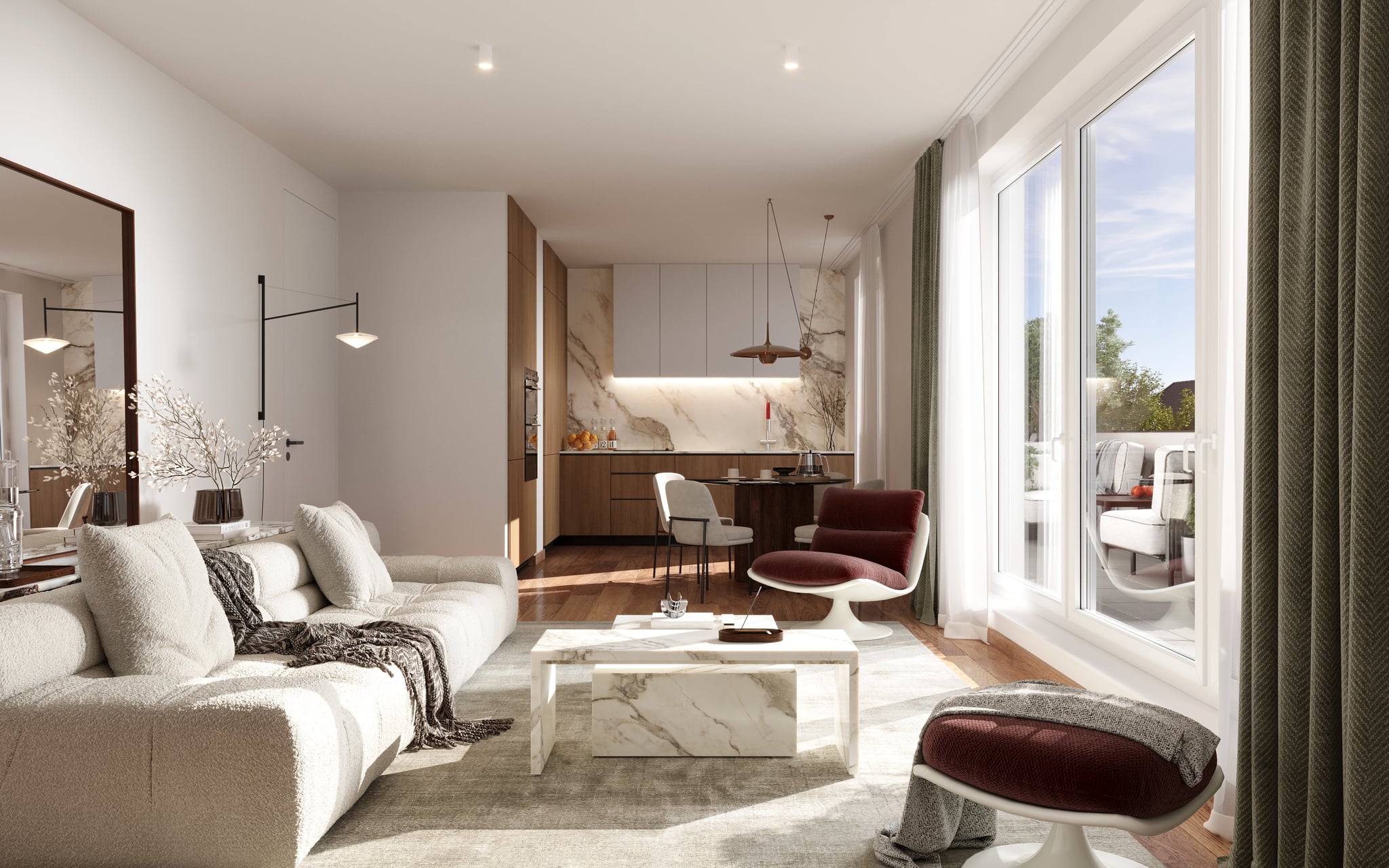 3D Innenraumvisualisierung des Wohnzimmers in einem Mehrfamilienhaus in Hamburg Eimsbüttel