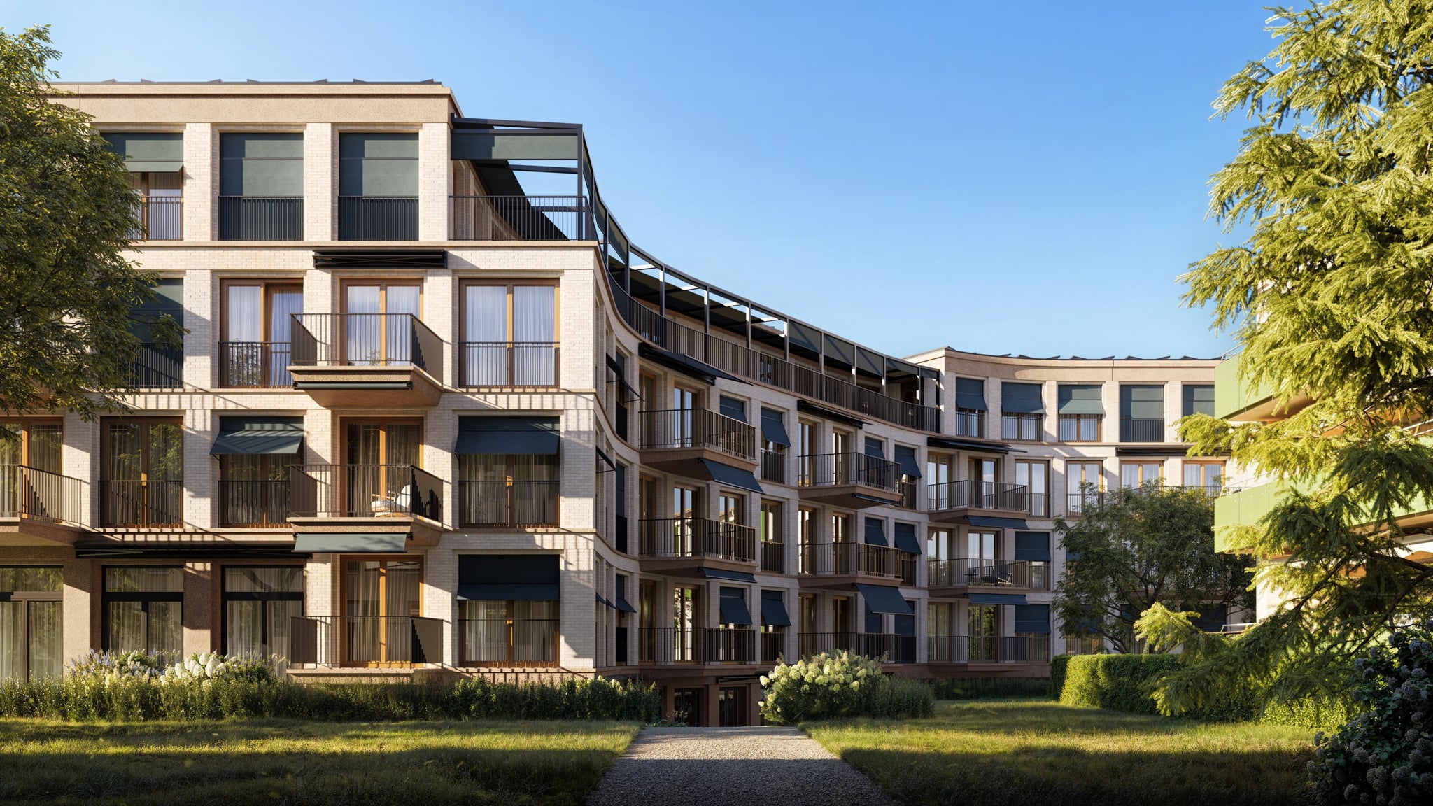 3D Architektur Aussenvisualisierung des neugebauten Mehrfamilienhauses mit Garten in Zürich Schweiz