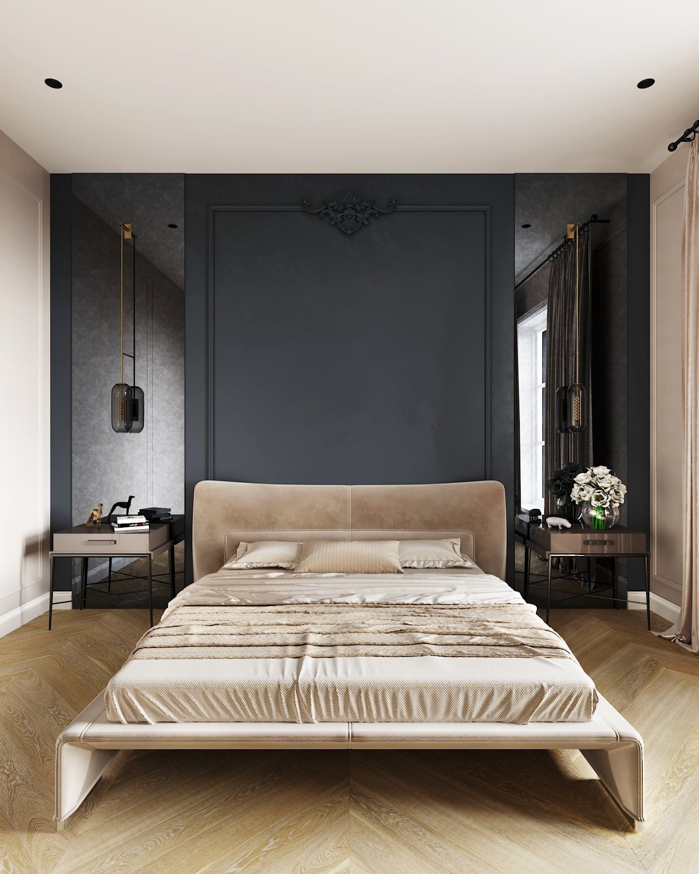 3D Interior visualization of the master bedroom in the luxurious apartment in the historical quarter in Hamburg Germany 3D Interior visualization of the master bedroom in the luxurious apartment in the historical quarter in Hamburg Germany