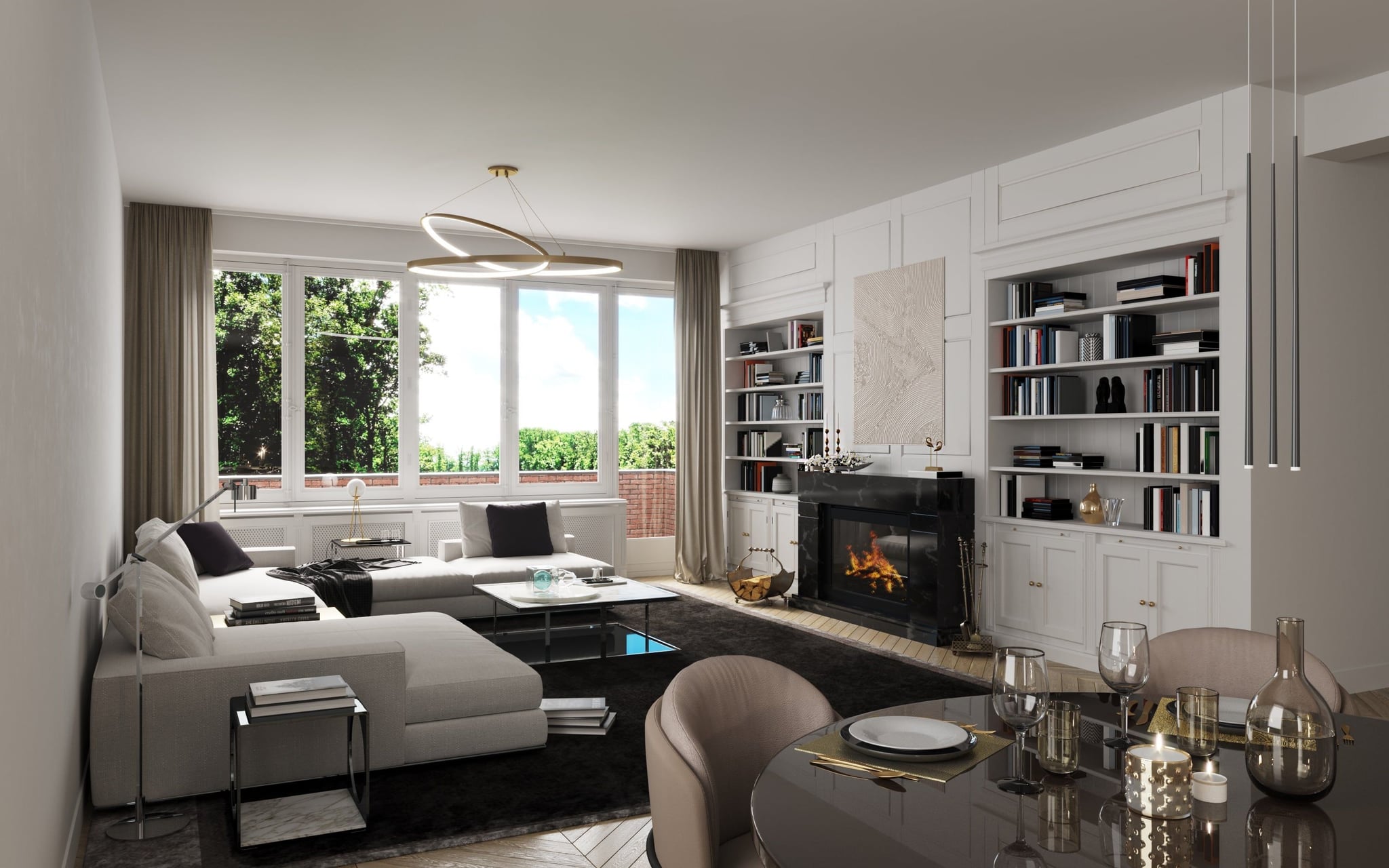 3D Visualization of living room with dining area in renovated old built villa in Berlin Wannsee, Germany 3D Visualization of living room with dining area in renovated old built villa in Berlin Wannsee, Germany