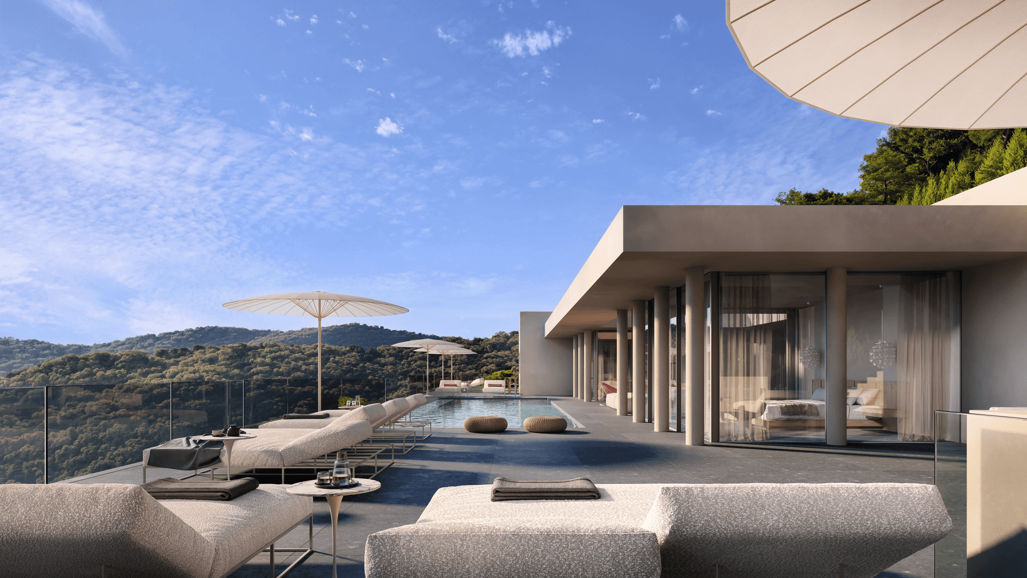 A photorealistic 3D exterior visualization of the Can Koi luxury villa showcasing modern terraces and lush surroundings.