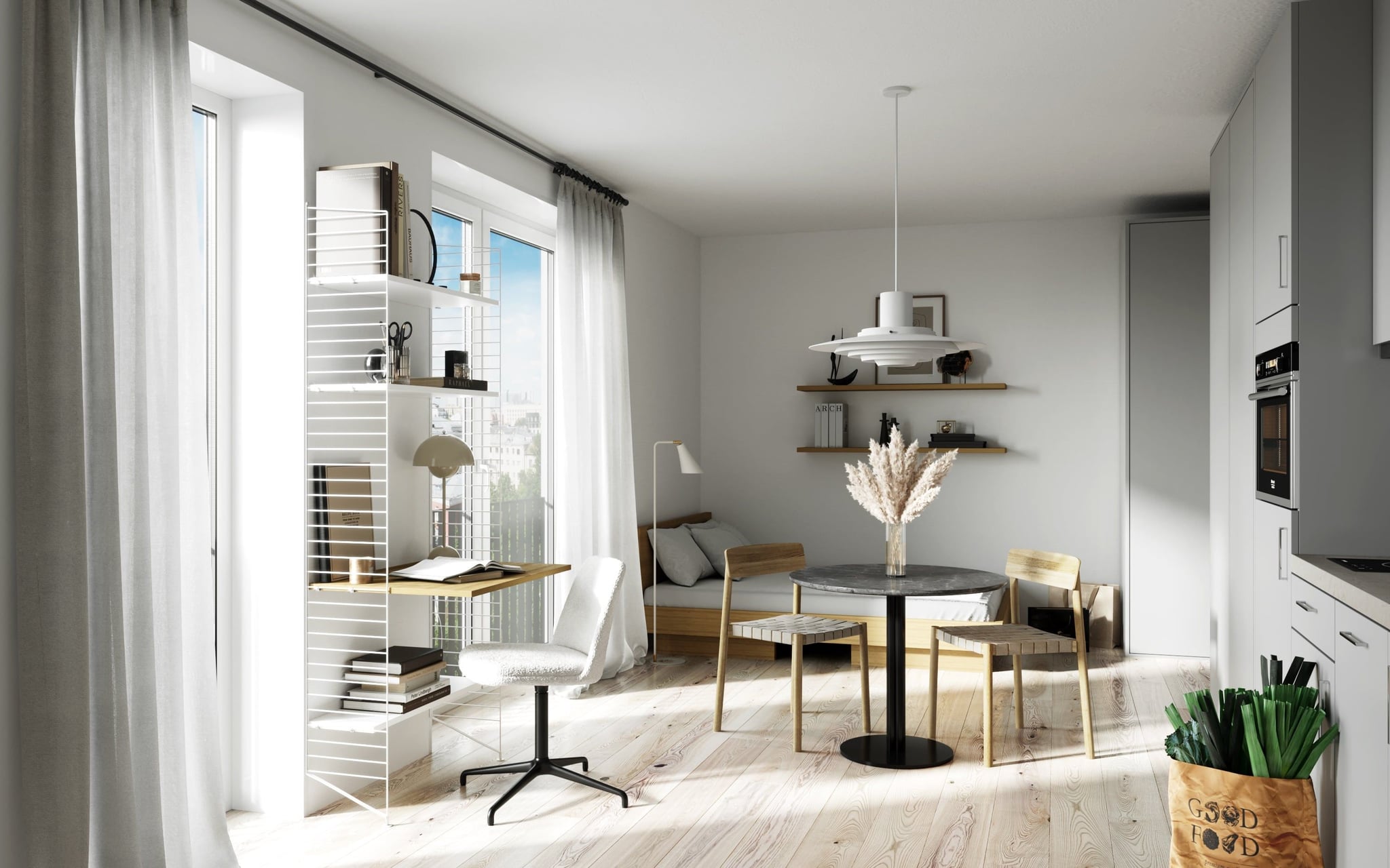 3D Interior architectural Visualization of small apartment with kitchen bedroom and dining space in Hamburg Eimsbüttel, Germany 3D Interior architectural Visualization of small apartment with kitchen bedroom and dining space in Hamburg Eimsbüttel, Germany