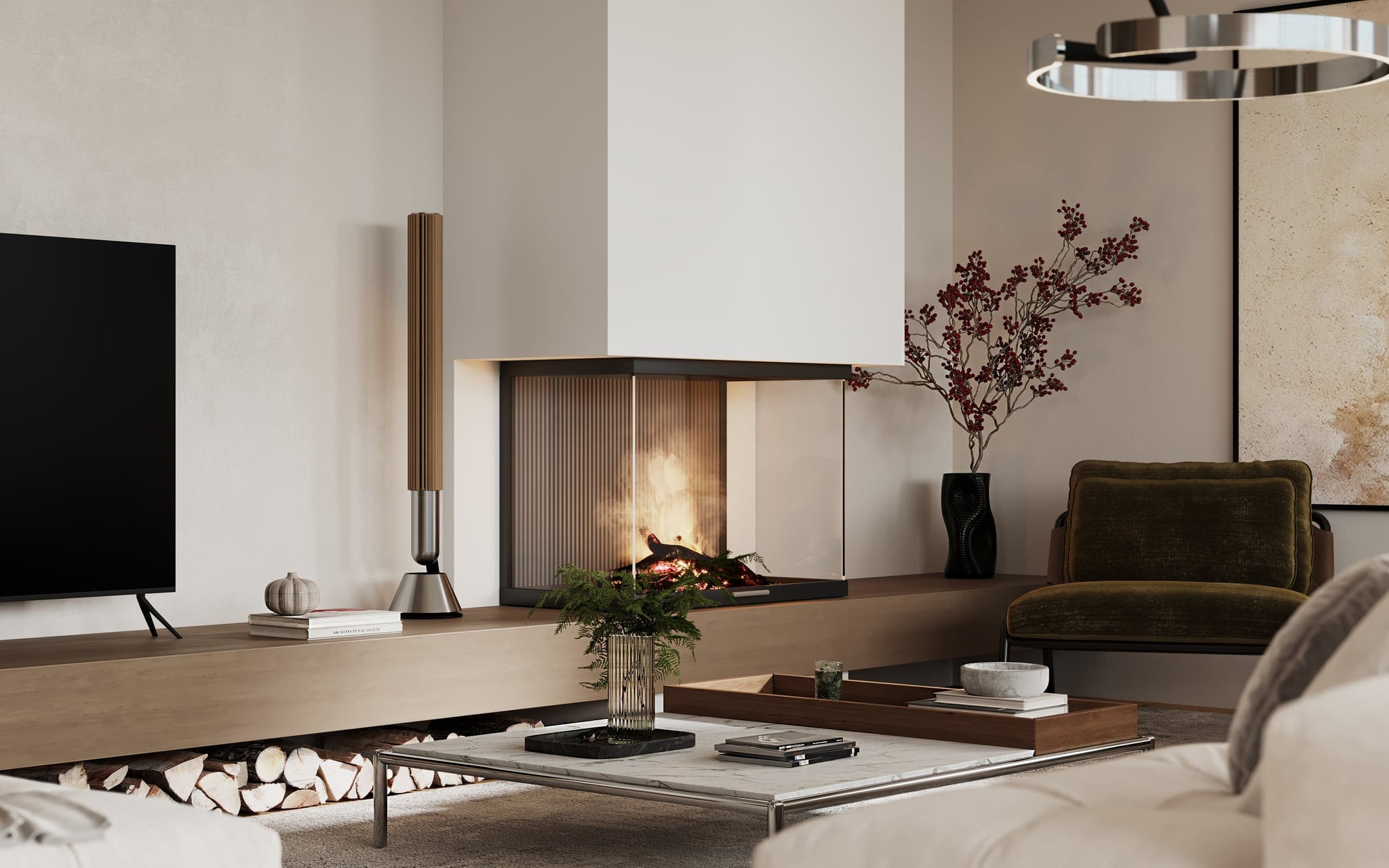 3D Architectural and Product visualization of living room with chimney in Penthouse in new building in Othmarscher Kirchenweg Hamburg, Germany 3D Architectural and Product visualization of living room with chimney in Penthouse in new building in Othmarscher Kirchenweg Hamburg, Germany