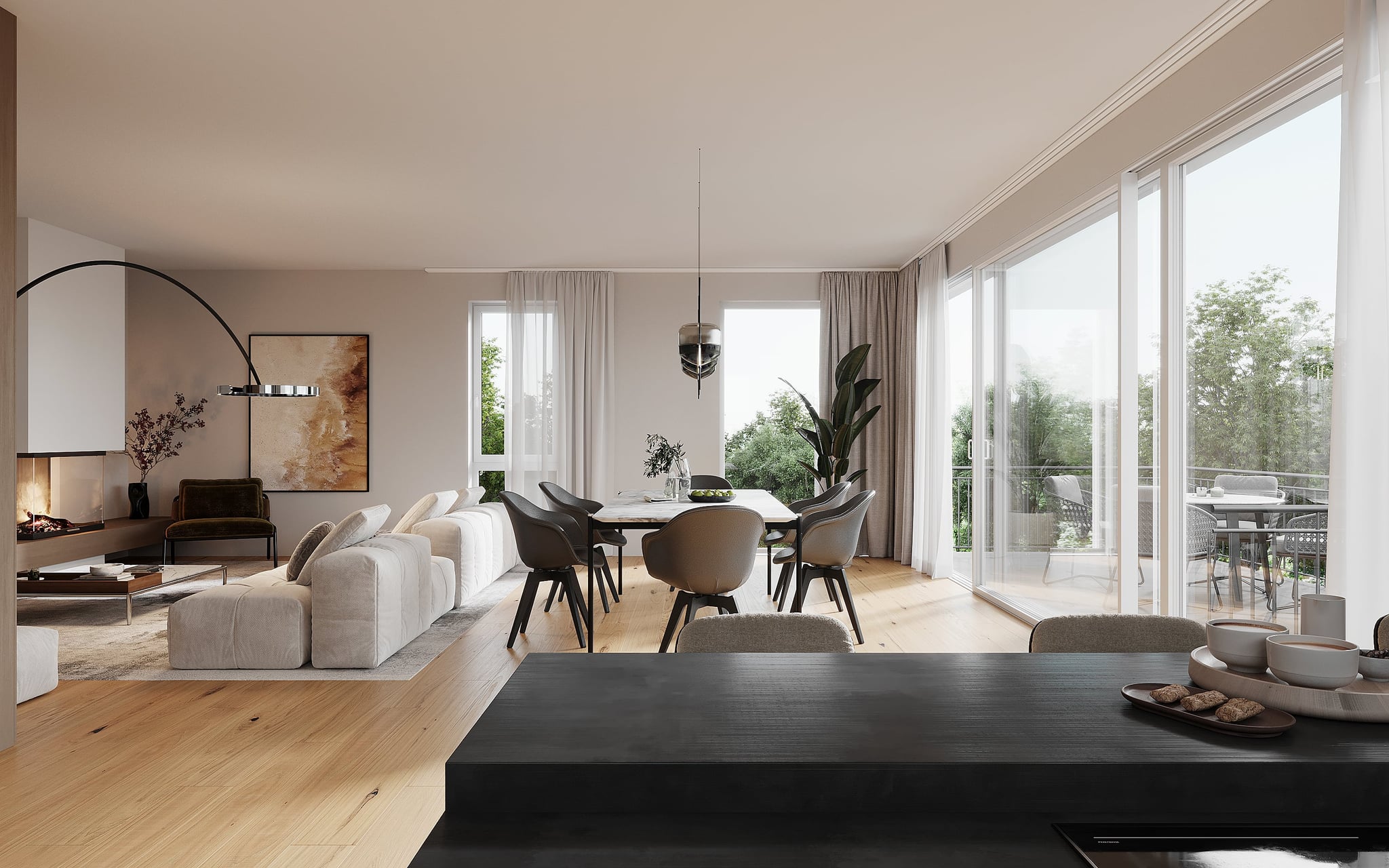 3D Visualization of living room with dining room and kitchen island and balcony in apartment in Othmarscher Kirchenweg Hamburg, Germany 3D Visualization of living room with dining room and kitchen island and balcony in apartment in Othmarscher Kirchenweg Hamburg, Germany