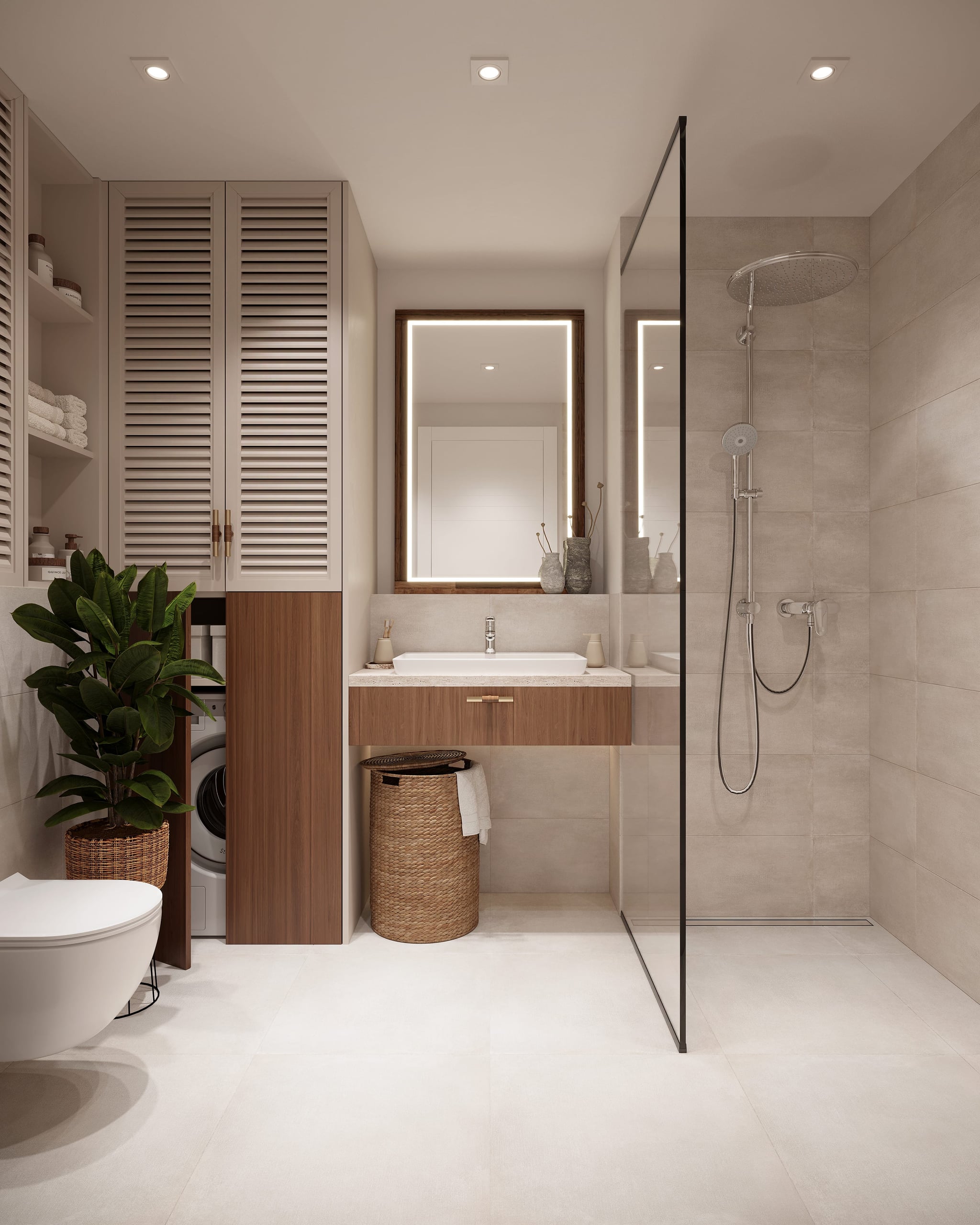 Elegant, modern bathroom with a sleek design, spacious shower area, and high-end fixtures. Elegant, modern bathroom with a sleek design, spacious shower area, and high-end fixtures.