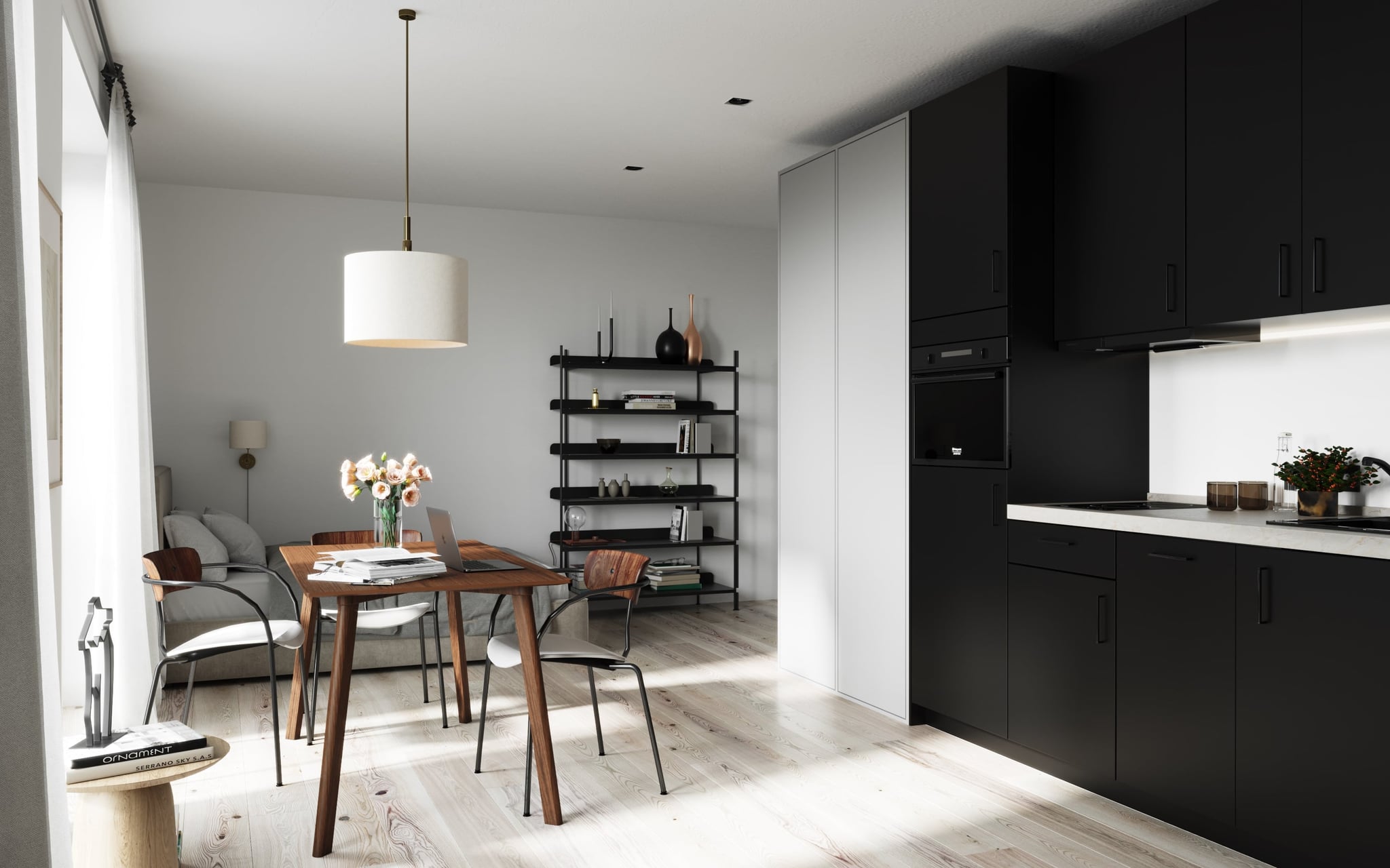 3D Architectural Interior Visualization of a small flat with kitchen and living room in Hamburg Eimsbüttel, Germany 3D Architectural Interior Visualization of a small flat with kitchen and living room in Hamburg Eimsbüttel, Germany