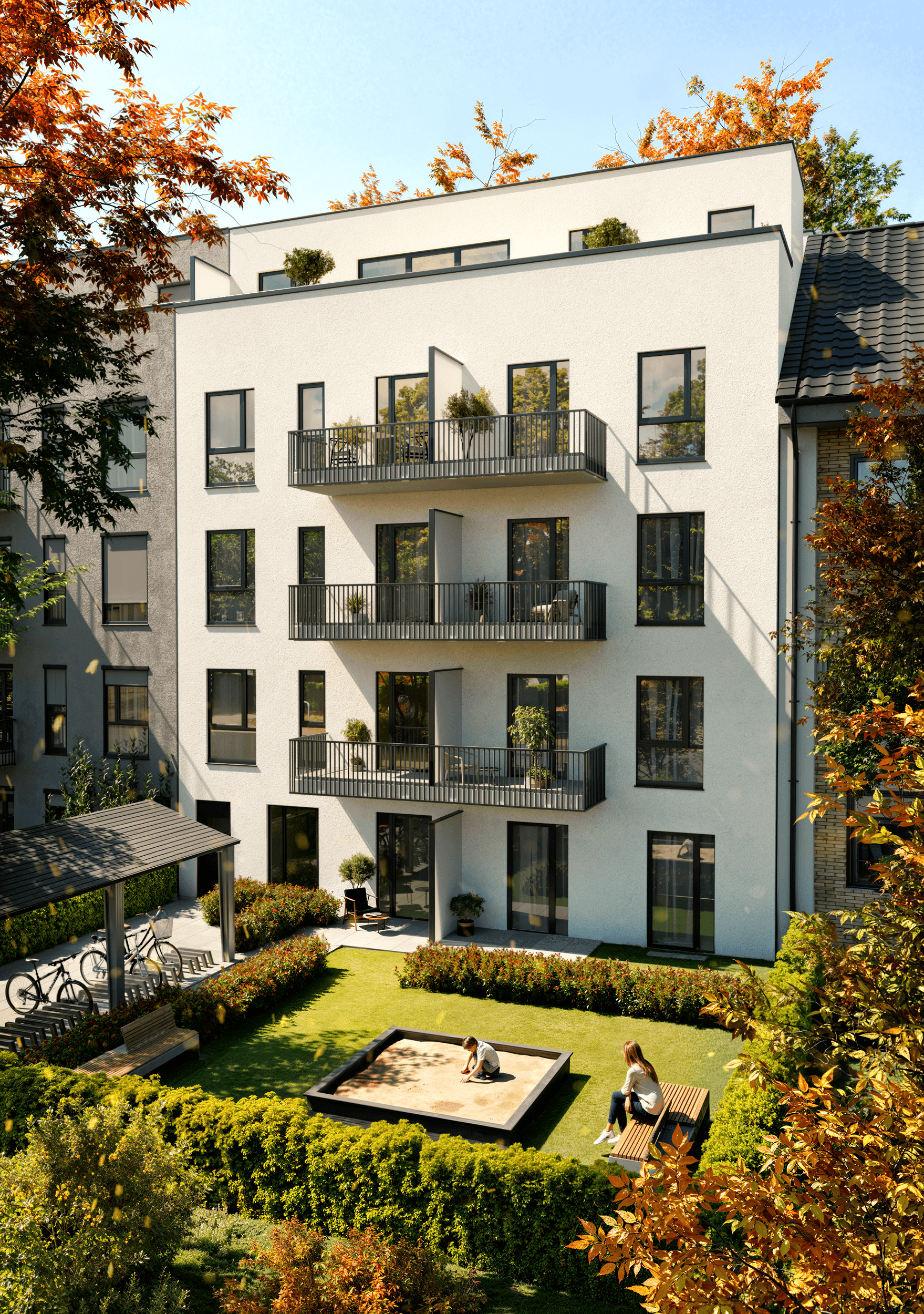 View of the backyard garden of Meadow & Stone, featuring balconies, green spaces, and a play area, offering a family-friendly environment. View of the backyard garden of Meadow & Stone, featuring balconies, green spaces, and a play area, offering a family-friendly environment.