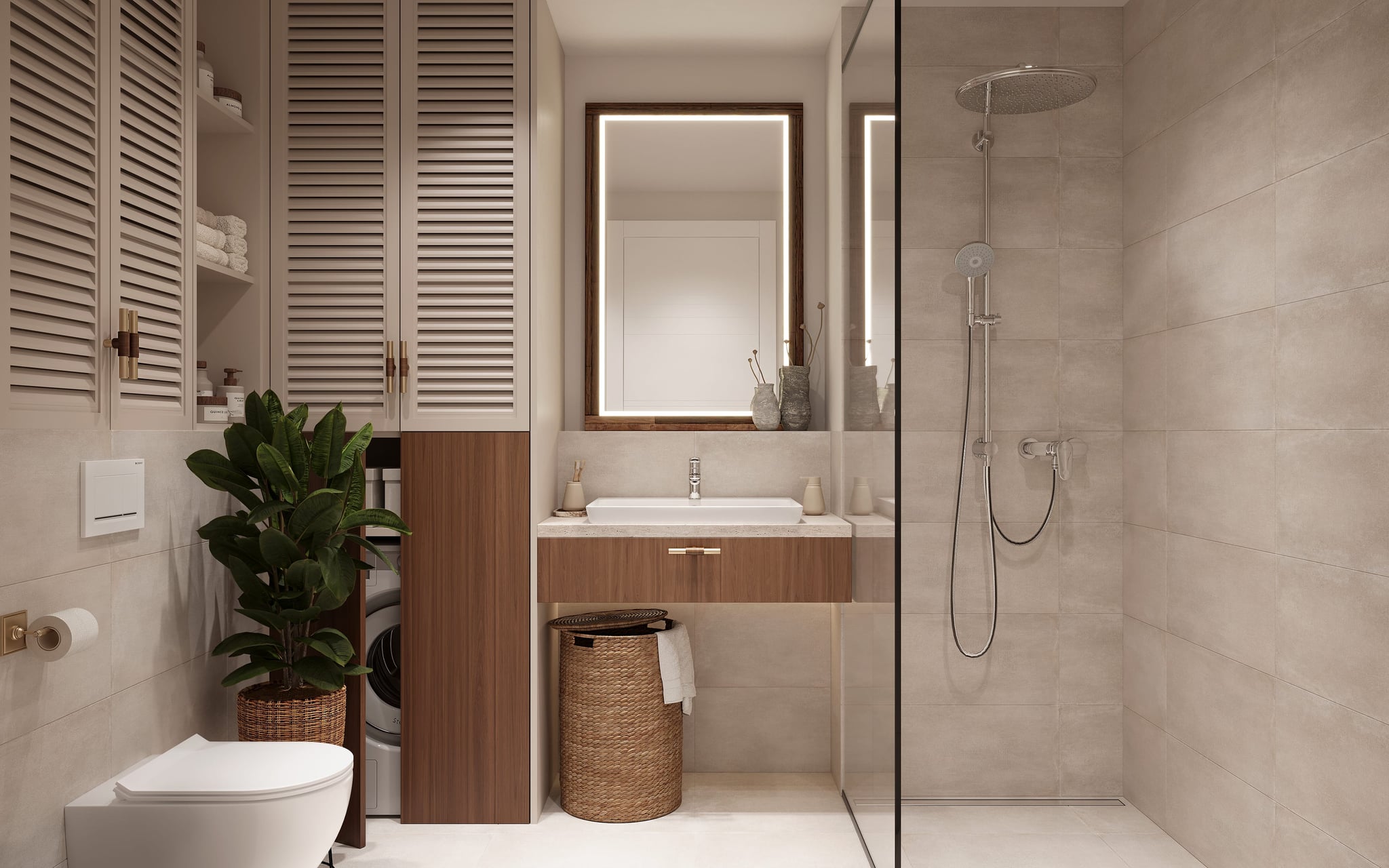 Elegant, modern bathroom with a sleek design, spacious shower area, and high-end fixtures. Elegant, modern bathroom with a sleek design, spacious shower area, and high-end fixtures.