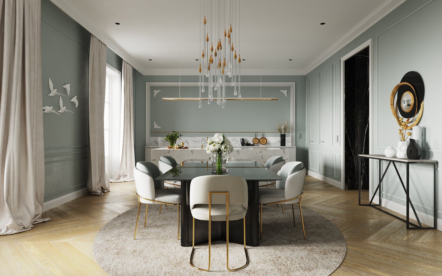 3D Interior Visualization of open space dining room with kitchen in Luxury historical apartment in Hamburg, Germany 3D Interior Visualization of open space dining room with kitchen in Luxury historical apartment in Hamburg, Germany