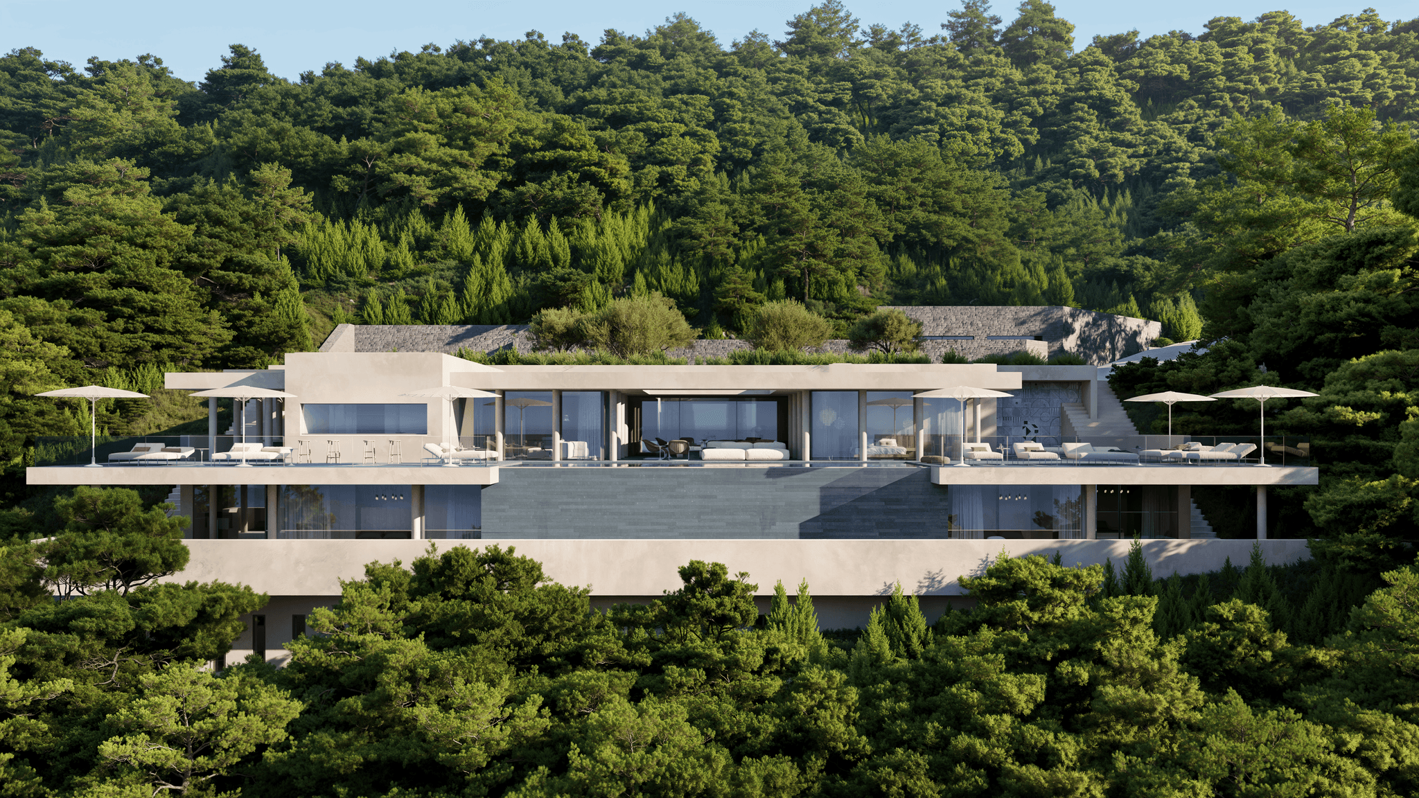 A photorealistic 3D exterior visualization of the CanKoi luxury villa showcasing modern terraces and lush surroundings. A photorealistic 3D exterior visualization of the CanKoi luxury villa showcasing modern terraces and lush surroundings.