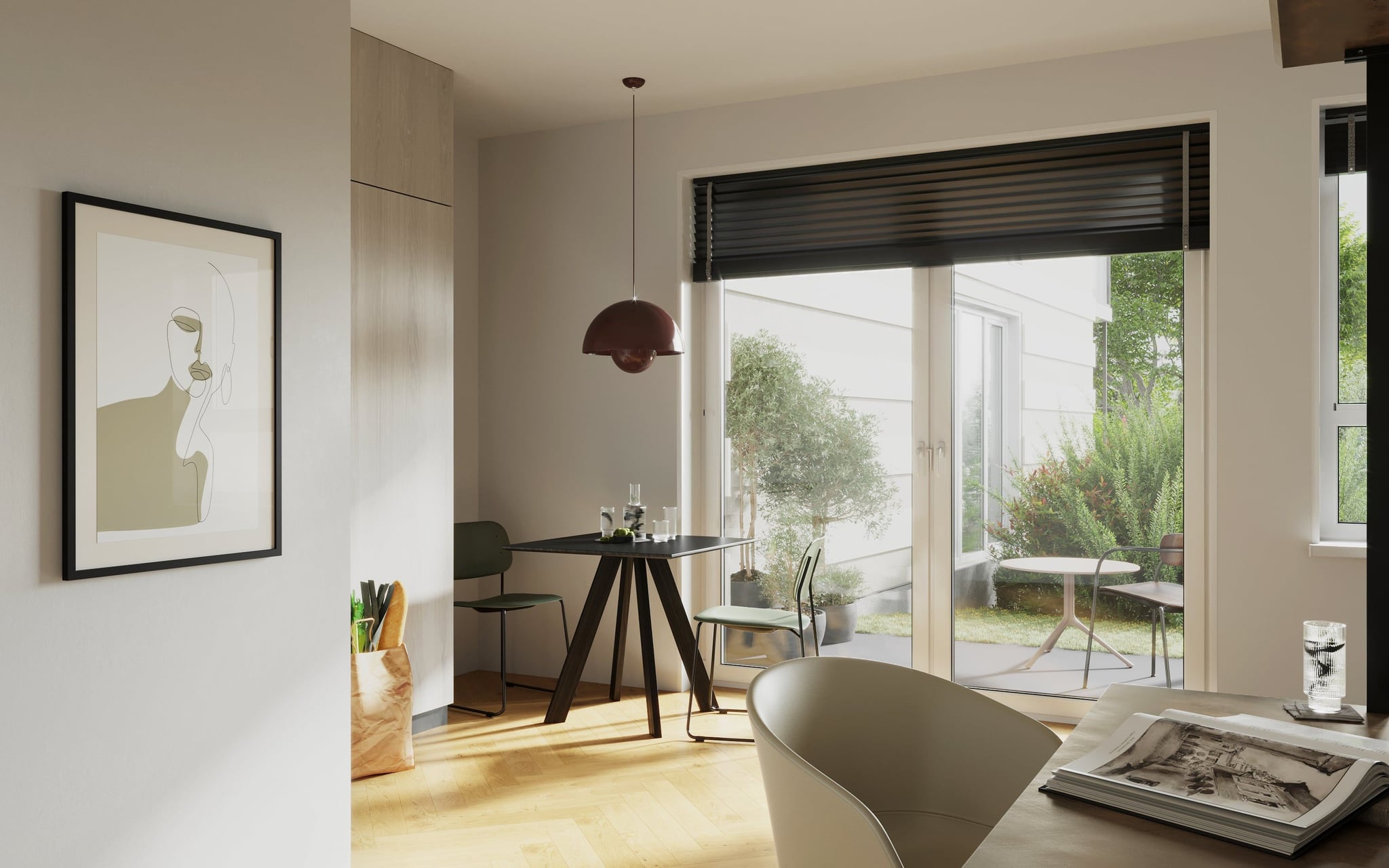 3D Interior Visualization on dining area and working area with a view to the garden in small apartment in Hindenburgstraße Erlangen, Germany 3D Interior Visualization on dining area and working area with a view to the garden in small apartment in Hindenburgstraße Erlangen, Germany