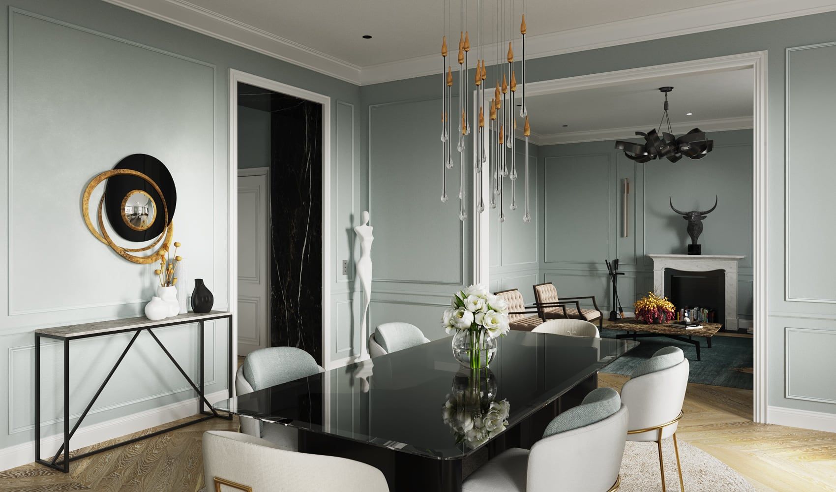 3D Architectural Visualization of open space dining room with living room in Luxury historical apartment in Hamburg, Germany 3D Architectural Visualization of open space dining room with living room in Luxury historical apartment in Hamburg, Germany