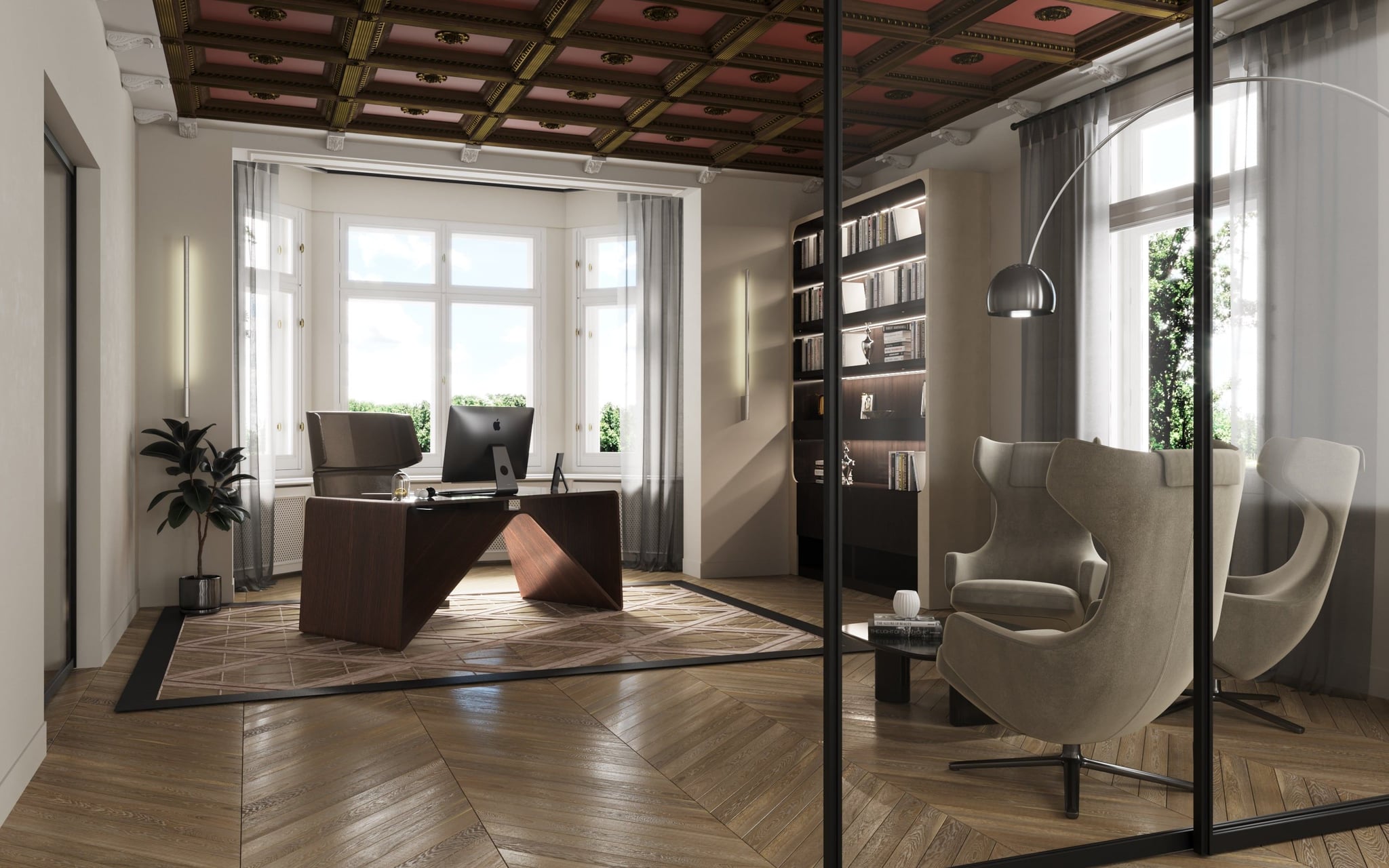 3D Visualization of working space in renovated old built villa in Berlin Wannsee, Germany 3D Visualization of working space in renovated old built villa in Berlin Wannsee, Germany
