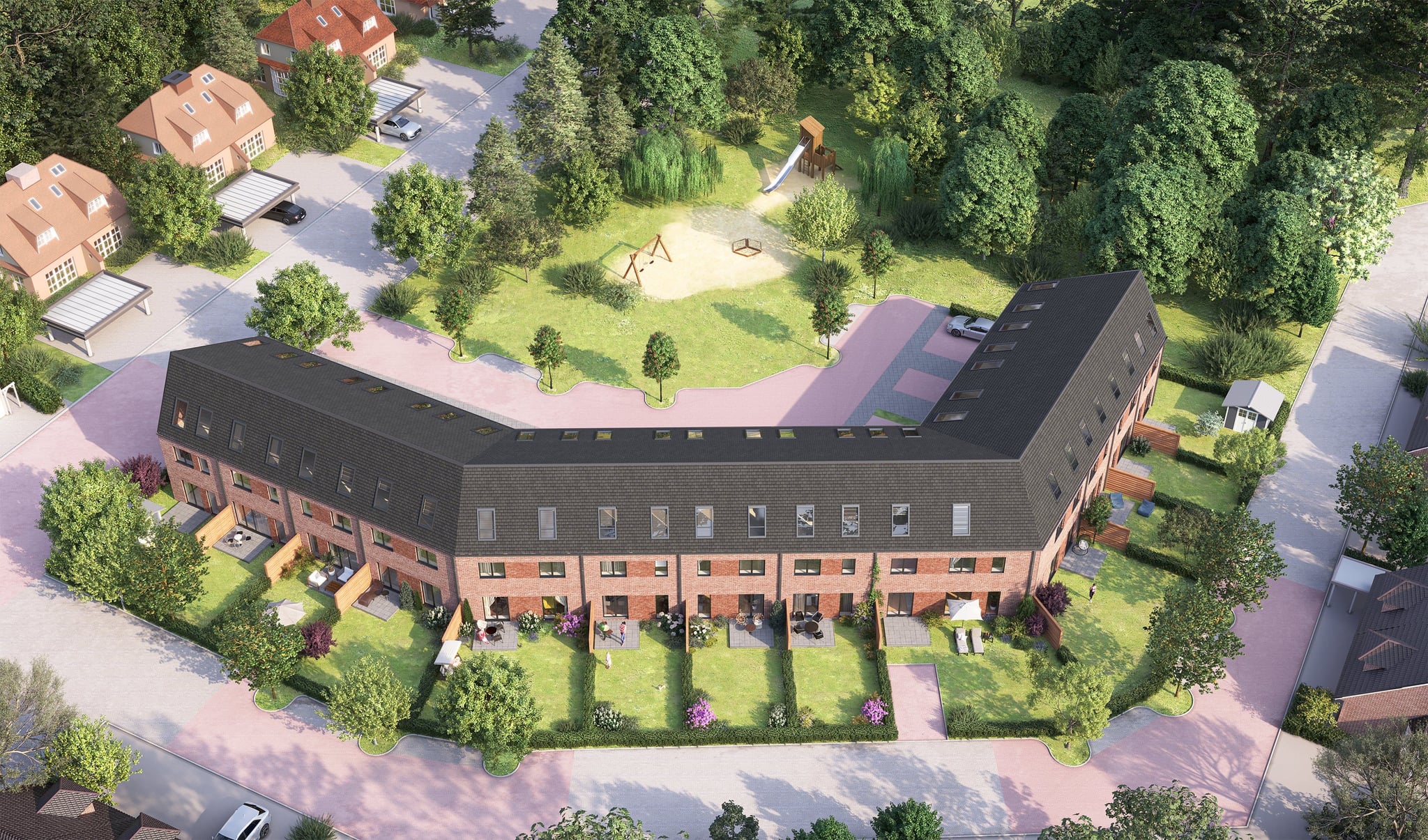 3D Visualization of townhouses with the private parking, park and kinder playground in Norderstedt Germany  3D Visualization of townhouses with the private parking, park and kinder playground in Norderstedt Germany